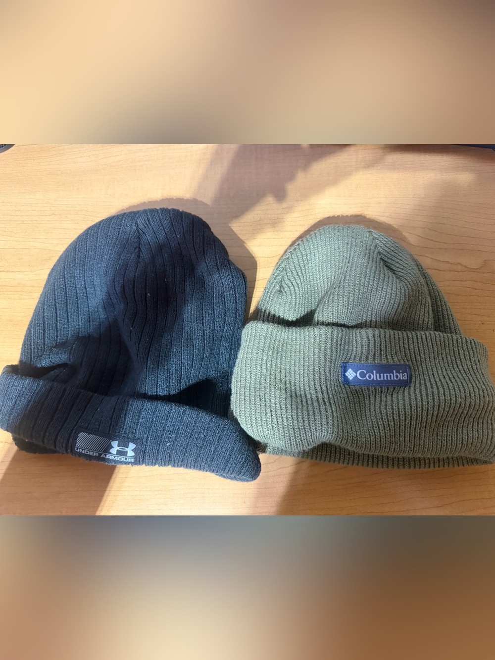 Under Armour Columbia Knit Beanie Hat Bundle of 2 Black Olive Green Winter